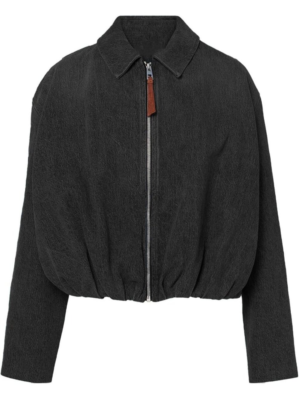 Womens Black Grey Polyester Lapel Collared Long Sleeve Pocket Zip Up Jean Jacket